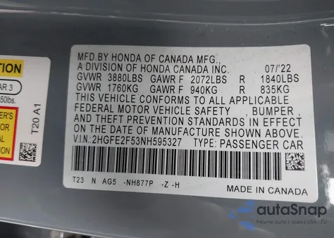2022 Honda Civic Sport from USA, damaged, VIN 2HGFE2F53NH595327